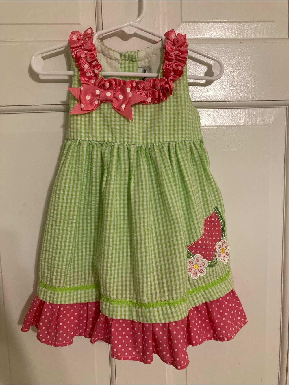 Rare Editions Green Gingham Seersucker Watermelon Dress with Pink Polka Dot Trim